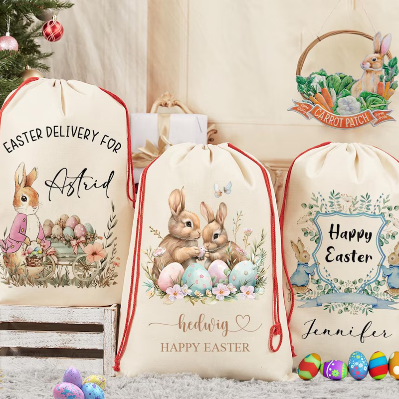 Party Games Egg - パーソナライズされた名前入りハッピーイースターバニーラビットギフトバッグ、カスタムエッグハントゲームバスケット、子供、男の子、女の子向け、フェスティバルパーティーデコレーション
