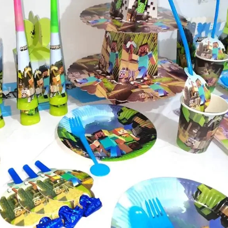 Party Games Minecraft - ホットなマインクラフトパーティーのデコレーションピクセルセット用品、旗、ケーキの飾り付け、紙製カード、カップの挿入、サインパーティー、誕生日のおもちゃ