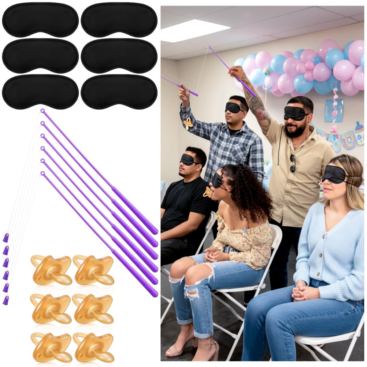 Party Games Bridal Shower - 18個入りベビーシャワーゲームセット、おしゃぶり釣りゲーム、目隠しで餌を与えるゲーム、楽しいベビーシャワー性別発表パーティーゲーム、ゲスト向けブライダルシャワーゲーム