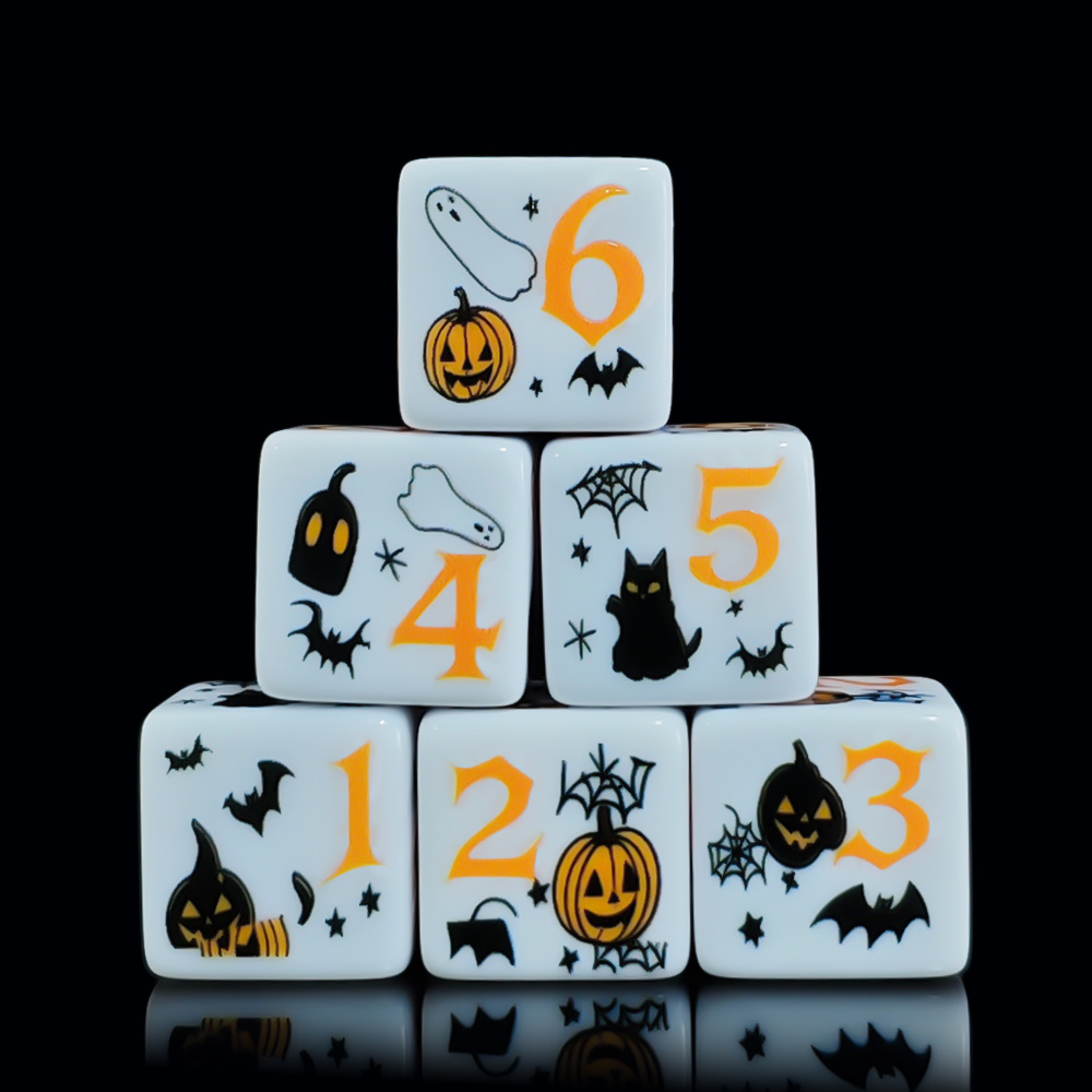 Party Games Console - 12個入り 16MM ホワイトアクリル製 プリント入りD6ダイス ハロウィン パンプキン