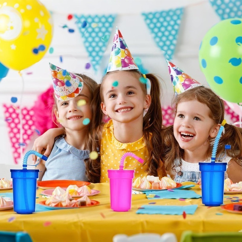 Party Games Youth - 6-18 個ポータブルパーティーカップ伸縮ストロー付き取り外し可能な蓋こぼれ防止デザイン屋外青少年フェスティバルスポーツゲーム用